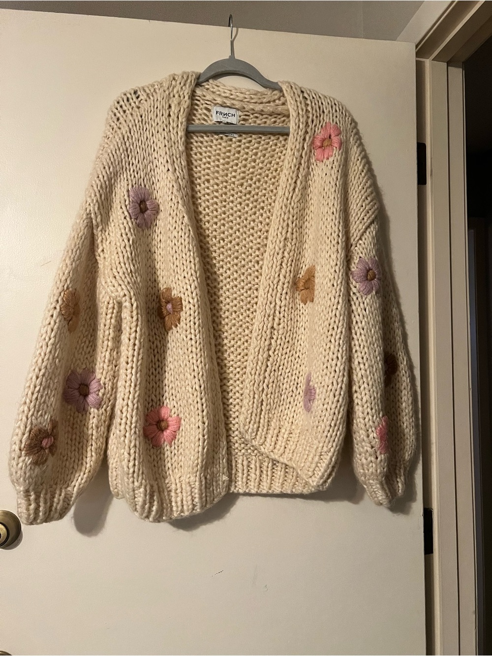 FRNCH Cream Chunky Knit Cardigan with neutral flower detail